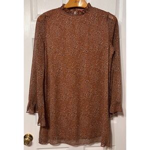 MTS Rust Brown Ditsy Print Ruffle High Neck Mini Dress Long Sleeve Size Large